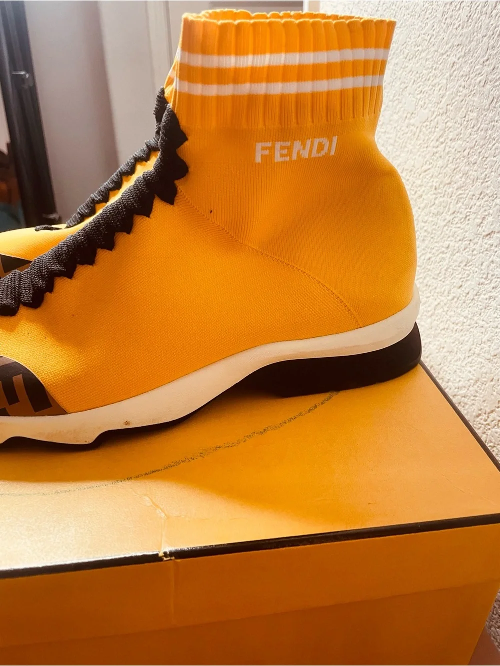 Fendi Yellow Sock Sneaker with Brown FF Toe